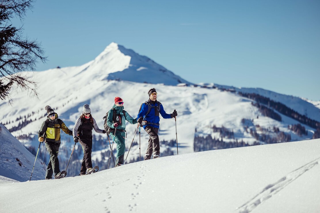 Vier Personen, wandern mit ihren Schneeschuhen durch die verschneite Winterlandschaft, im Hintergrund die Berge  | © Alpbachtal Tourismus | shootandstyle