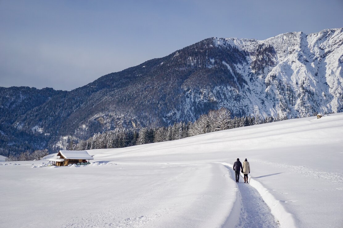 Man sieht einen Spazierweg in Breitenbach bei viel Schnee, in der Ferne ein Heustadl. Mehrere Spaziergänger sind unterwegs. | © Alpbachtal Tourismus | Foto Stock