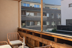 Sunny balcony with mountain view